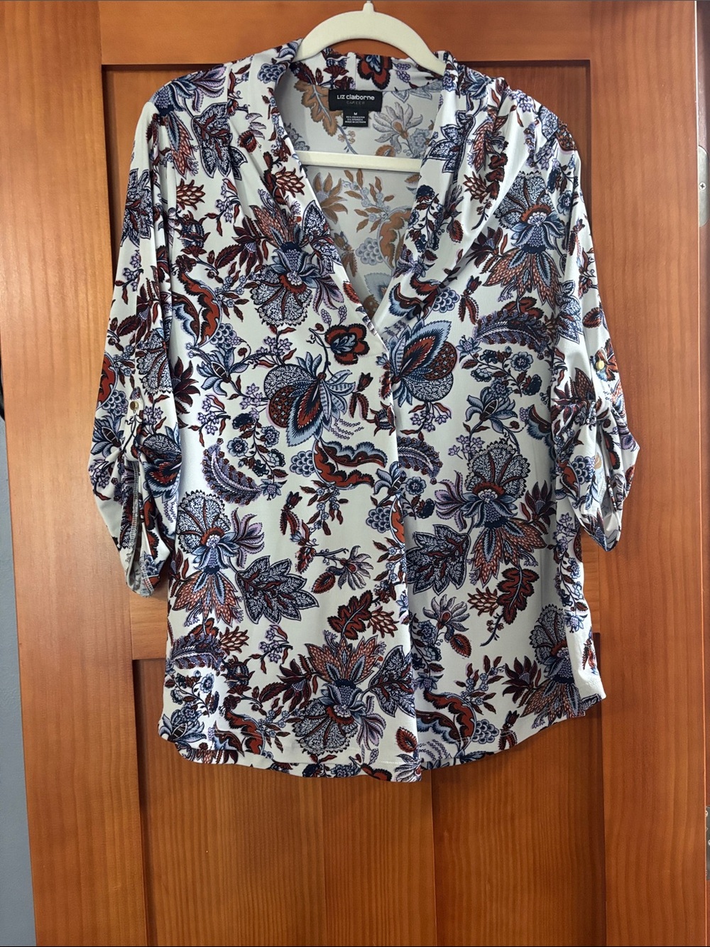 Liz Claiborne Cream Blouse with Navy and Rust Floral Print